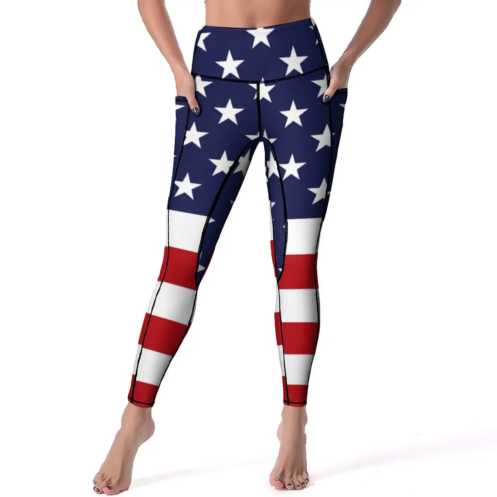 

White And Red Stripes Leggings Sexy American Flag Push Up Yoga Pants Aesthetic Stretch Leggins Women Print Running Sports Tights