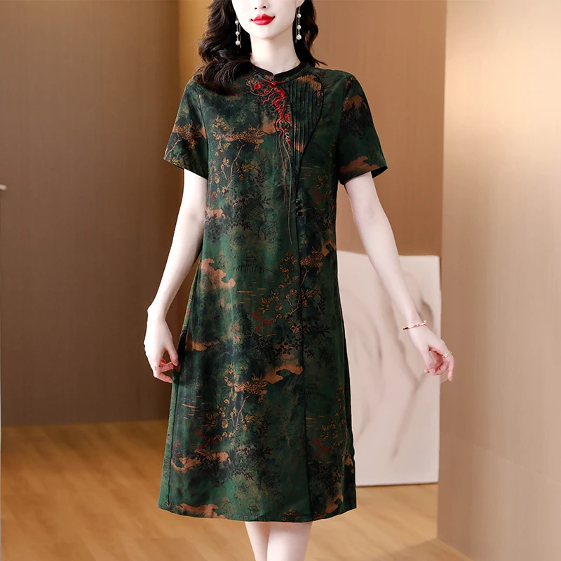 

2023 New Fashion Chinese Style Silk Printed Dress Women's Summer Elegant Improvement Qipao Loose Fit Casual Holiday Dress Vestid