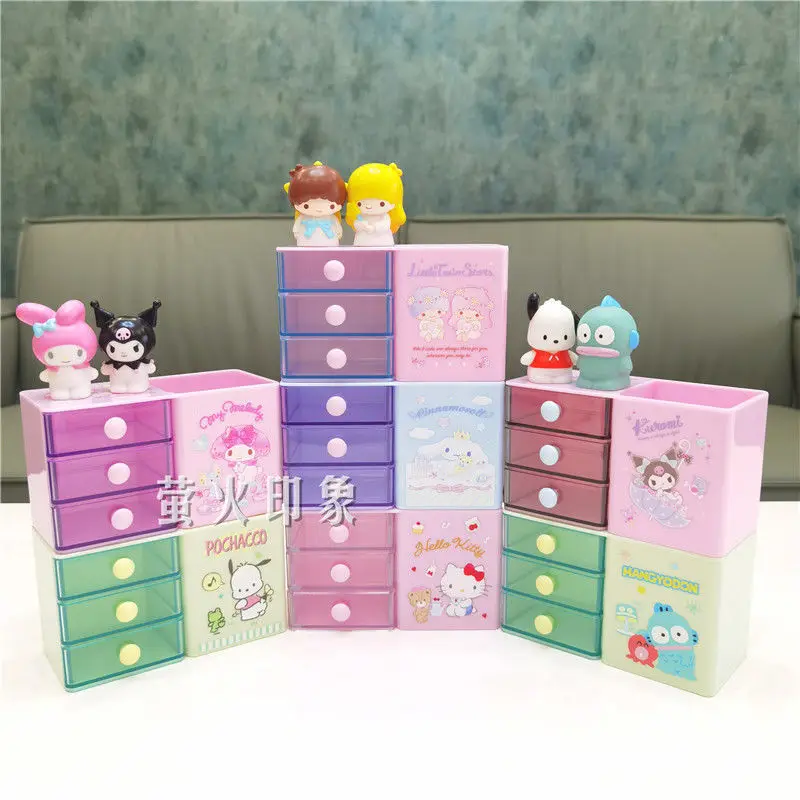 

Новый ящик для хранения Sanrio Kawaii HelloKitty Kuromi Cinnamorroll, школьный мультяшный Настольный ящик для хранения, милая шкатулка для украшений для девочек