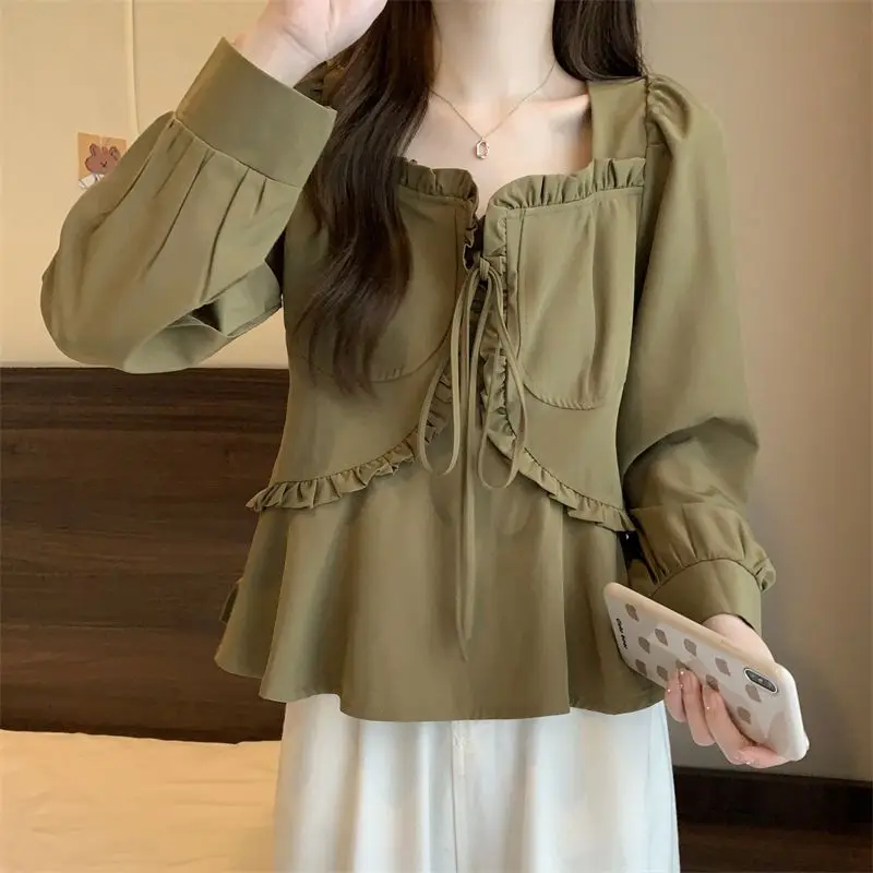 2024 New Spring Plus Size Women Blouse Korean Temperament Tie-up Loose Coat Long-sleeved Square Collar Shirt Slim Versatile Top