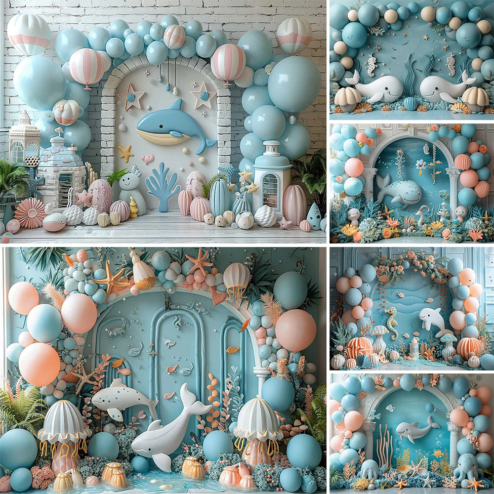 

Mocsicka Newborn Baby Show Undersea Background Decor Whale Blue Balloon Backdrop Wallpaper Kids Cake Smash Birthday Photobooth