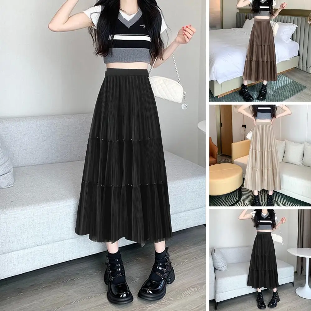 

1Pc Spring Autumn Skirt Versatile Stylish Beaded Mesh Skirt Elastic Waist Pleated Design Office-ready Ladies' A-line Midi Skirt