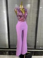 Light Purple Women Sleeveles Sexy V-Neck Shinning Sequins Feathers Bodycon Bandage Long Jumpsuit Nightclub Party Celebrate Wear - Image 5