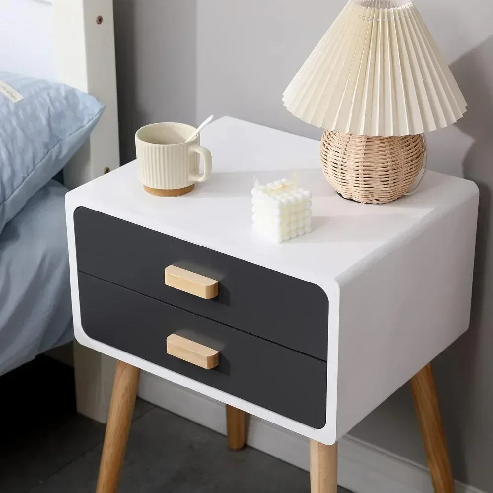 Set of 2 Nightstand End Table with 2 Storage Drawers and Solid Wooden Legs, Bedroom Living Room Furniture (Grey) 3 Set of 2 Nightstand End Table with 2 Storage Drawers and Solid Wooden Legs, Bedroom Living Room Furniture (Grey) 3