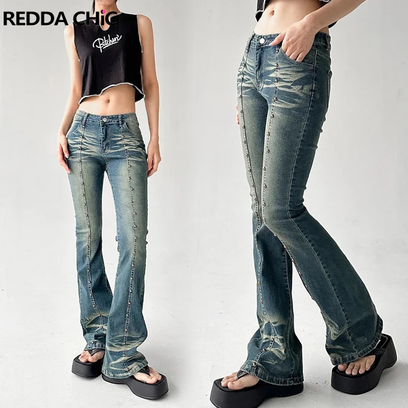 

ReddaChic Rivets Beaded Bootcut Pants Slimming High Rise Brushed Flare Jeans Women Bell Bottoms 90s Retro Grunge Y2k Trousers