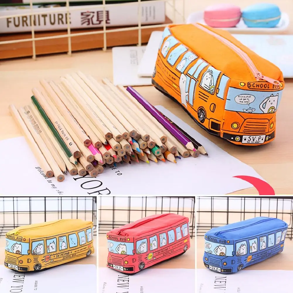 

Сумка для ручек на молнии с автобусом, Холщовая Сумка для хранения канцелярских принадлежностей, автомобильный карандаш, женская сумка для школы и офиса