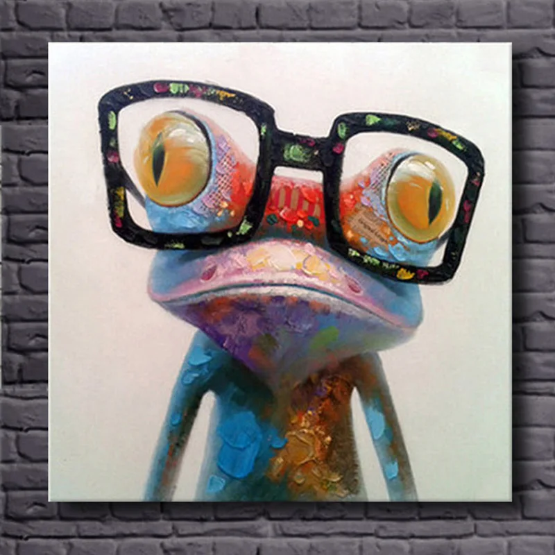 

Hand-Painted Acrylic Canvas Oil Paintings Colorful Frog with Big Glasses Funny Modern Abstract Animal Wall Art Kid's Room Decor