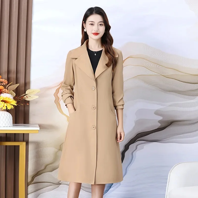 2023 Spring Clothes New Solid Color Suit Collar Windbreaker Western Fashion Loose Mid-length Coat Female Outside With Commuting