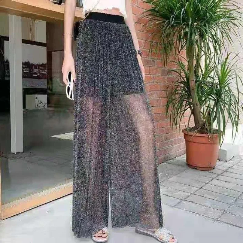 Women's 2024 Spring Summer New Solid Color Harajuku Loose Elastic High-waisted Gauze Bright Silk Casual Korean Wide Leg Pants