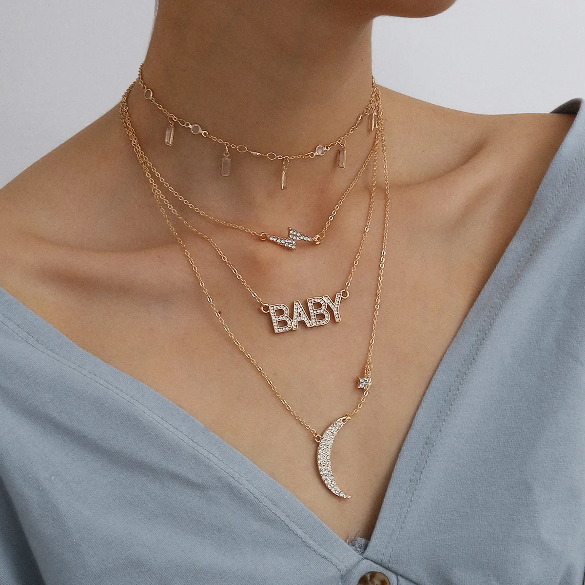 

Hip Hop Multilayer Moon Letter Lightning Necklace Women Rhinestone Square Tassel Necklaces Girls Party Fashion Jewelry Collier