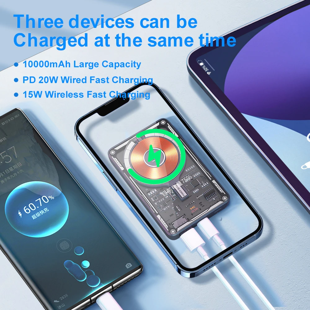 WEKOME 보조베터리 자기 무선 PD 20W 빠른 충전 10000mAh 투명 커버 플레이트 USB 휴대용 소스 iPhone14promax
