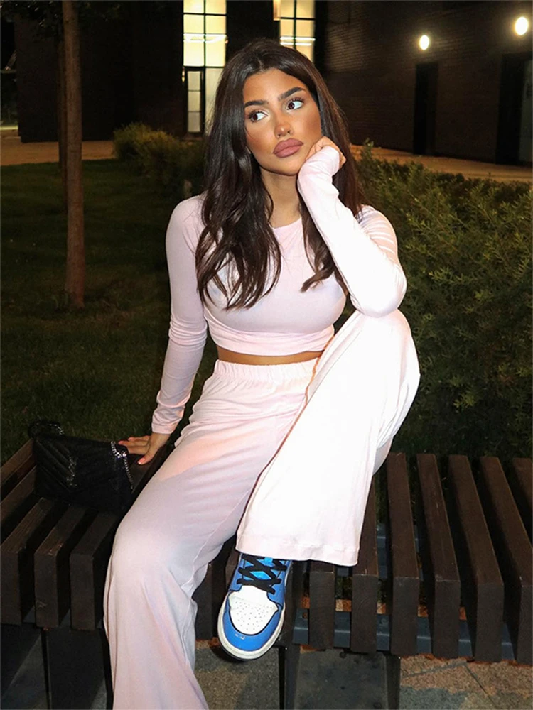 Absobe Basic Wide Leg Pants Leisure Suit Women Crew Solid Long Sleeve Top Casual Loose Trousers 2 Piece Set Hottie Streetwear 3