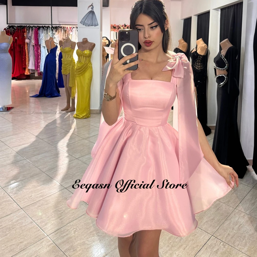 Cute Short Cocktail Dress A Line Bow on Straps Organza Pink Strapless Mini Graduation Prom Dresses Vestidos De Gala