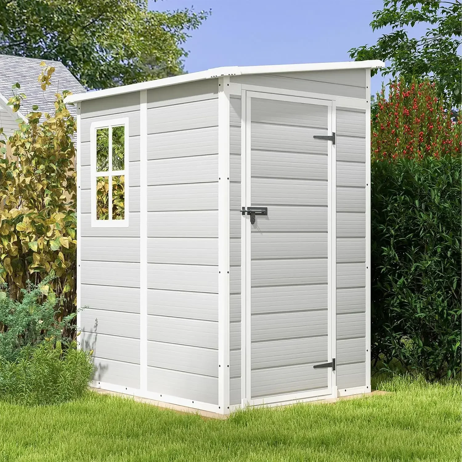 5x4 FT Outdoor Storage Shed, Resin Storage Shed with Floor & Lockable & Window Door for Patio Furniture,Garden Tools and Bicycle 2