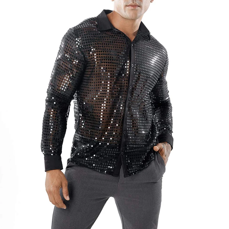 Mens Sheer Sequins Shirt Long Sleeve Turn Down Collar Button Dot Shirts Luxury Disco Party Blouse Tops button down shirt men mesh shirts