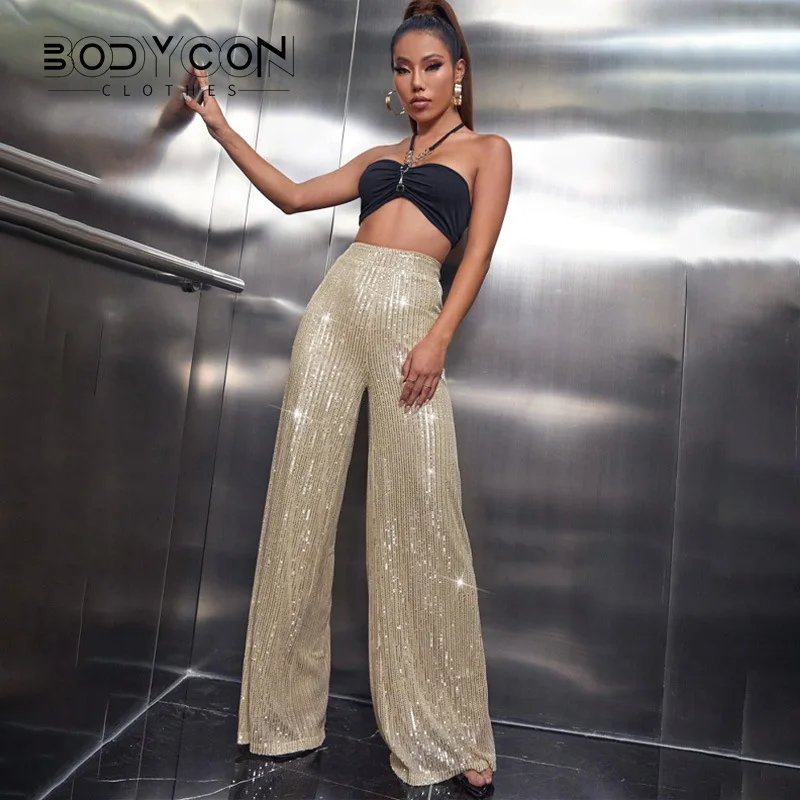 

New Women Fashion Casual Loose Trousers Elegant Shiny Sequins Black Pants Ladies High Waist Wide-legged Nightclub Party Pants