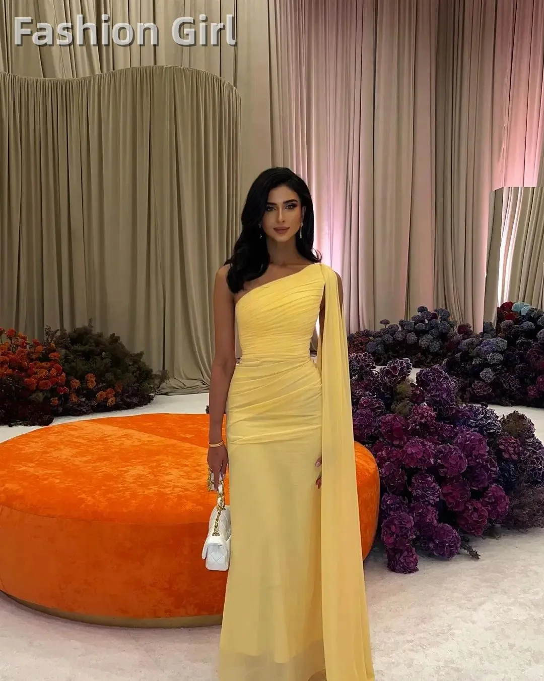 

2023 Yellow Evening Dresses Chiffon Long Prom Dresses One Shoulder Pleated Floor Length Formal Occasion Women Party Dress