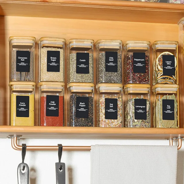 Glass Spice Jars with Bamboo Lid, 8oz Airtight Square Containers with black labels, Empty Seasoning Jars for Spice Salt Sugar 6