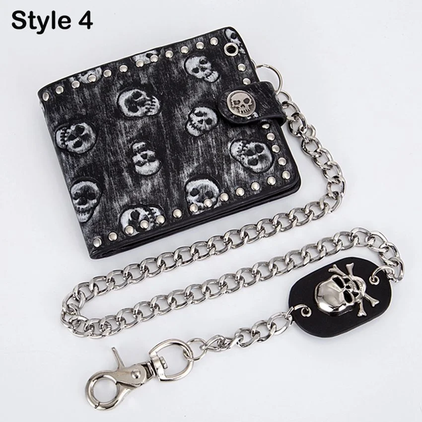 Punk Rock Skull PU Leather Wallet Detachable Metal Chain Clutch Wallet Billfold Money Clip Foldable Purse Notecase