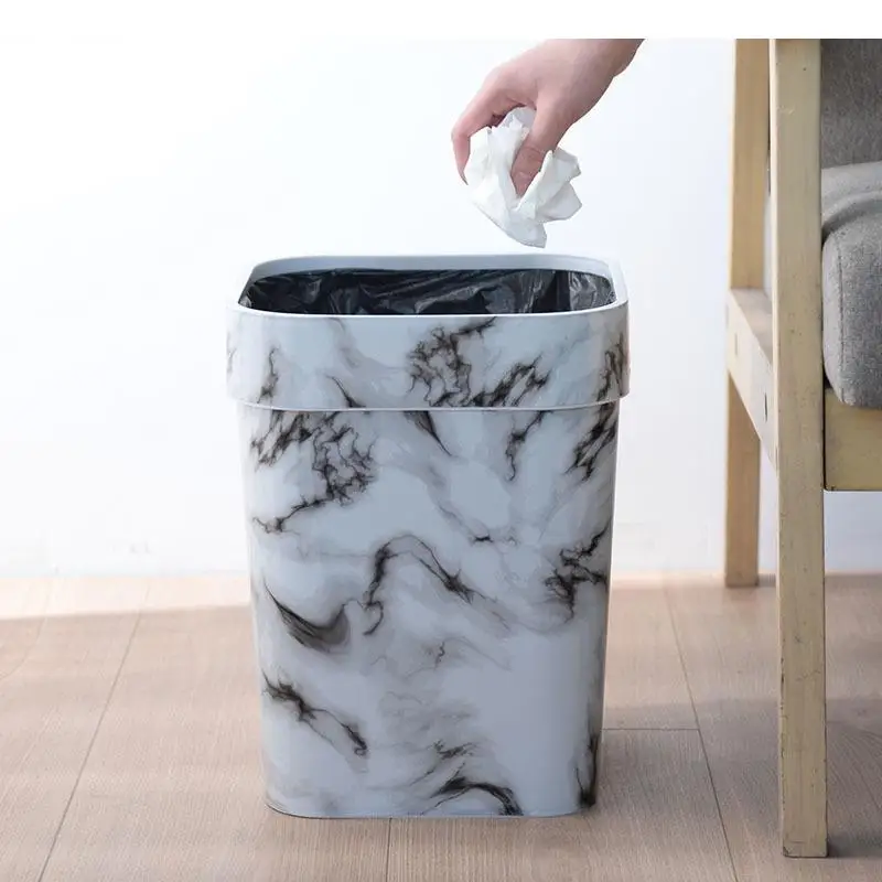 

White Marbling Plastic Trash Can Without Cover Wastebasket Garbage Bin Storage Basket Square Waste Bins Cleaning Tools Trash Bin