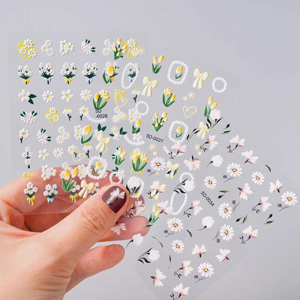 

5D Embossed Flower Nail Stickers Summer White Lily/Daisy/Tulip/Rabbit Gel Polish Nail Art Decals Wedding Flower Engraved Sliders