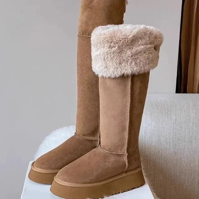 Winter Women’s Keep Warm Short Plush Flat Suede Snow Boots New Platform Knee High Boots for