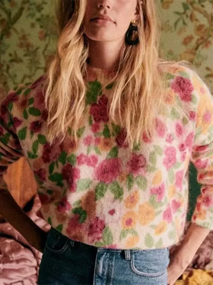

Women's Sweater 2023 New Wool Mohair Blend Round-Neck Floral Print Sweet Long Sleeve Pullover