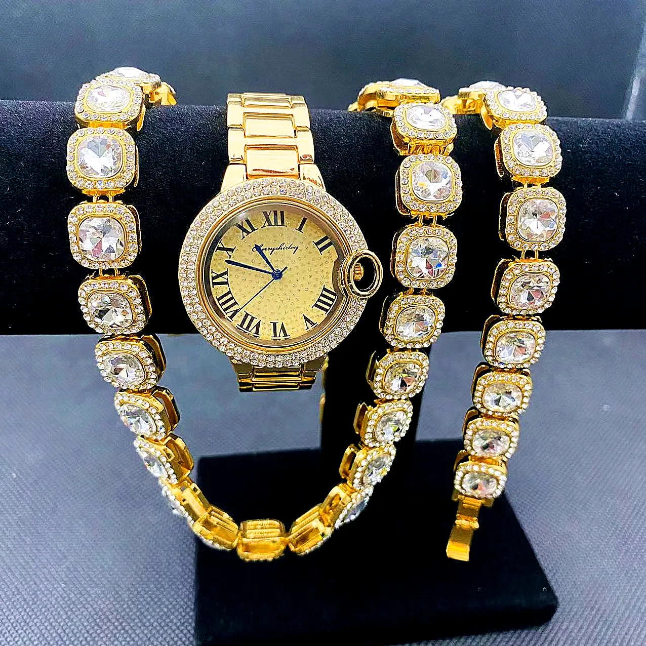 

3pcs Luxury Watch for Women Gold Watch Sliver Tennis Link Chain Bracelet Necklace Choker Bling Fashion Jewelry for Women Watches