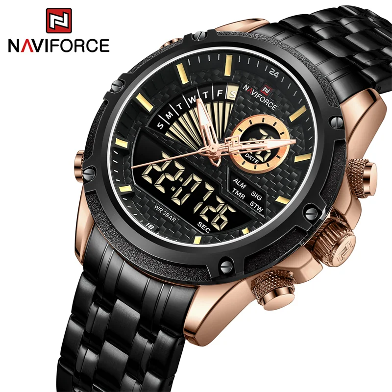

NAVIFORCE Men Quartz Digital Watch Stainless Steel Strap Waterproof Wristwatches Alarm Dual Display Clock Relogio Masculino 2023