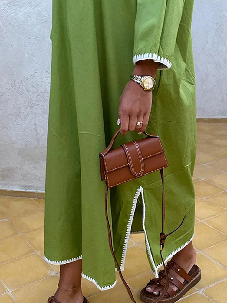 Elegant Abaya Womem Loose Lapel Long Sleeves Side Split Robe Female Cuff Embroidery Contrast Fashion Solid V-neck Dress Lady