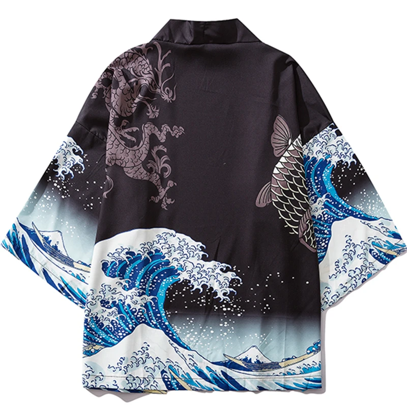 

Black Kimono Cardigan Women Men Japanese Obi Male Yukata Men's Haori Japanese Wave Carp Print Coat Traditional Japan Clothing