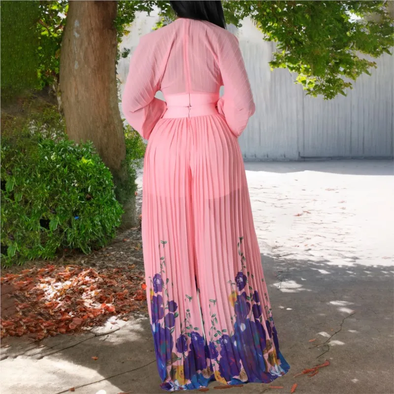Autumn Fashion Chiffon Print Pleated Two Piece Set Women Elegant V-Neck Lantern Sleeve Top Wide Leg Pants 2 Piece Set Women 2023