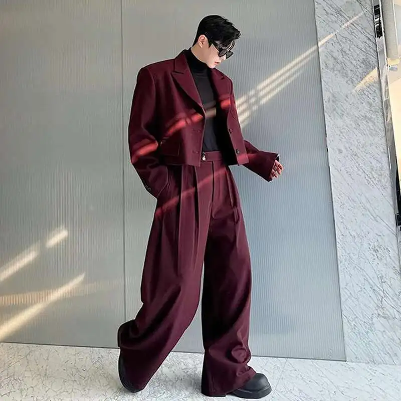FEWQ Men's Two-piece Lapel Niche Design Solid Color Single Breasted Blazer Pleated Straight Wide Leg Male Suit Pants New 9C8389