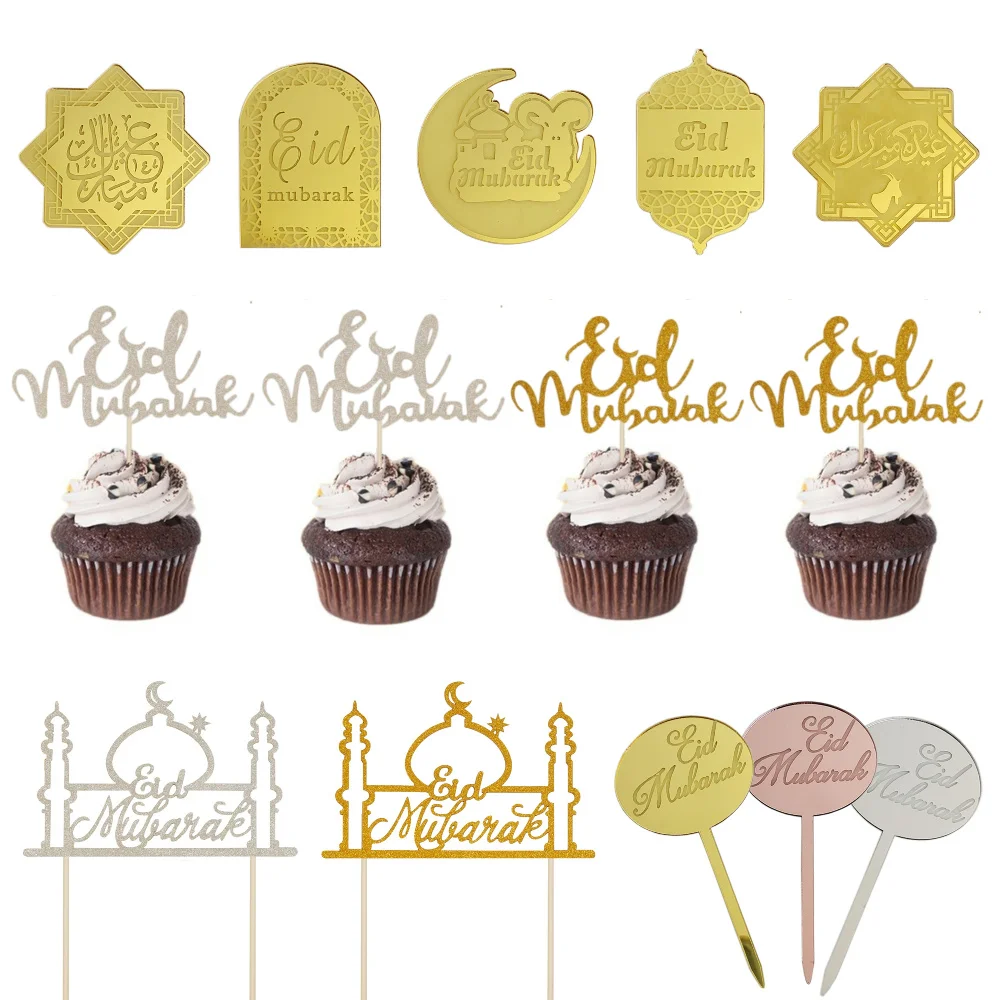 Eid Mubarak Acryl Kuchen Topper Gold Schloss Mond Cupcake Topper Ramadan Islamischen Muslimischen Festival Party Kuchen DIY Dekoration Geschenk