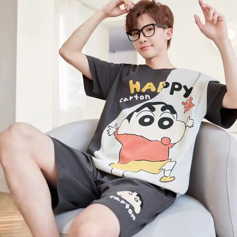 Men Cotton Pajamas O Neck Short Sleeves Tops Japan Anime Pijama