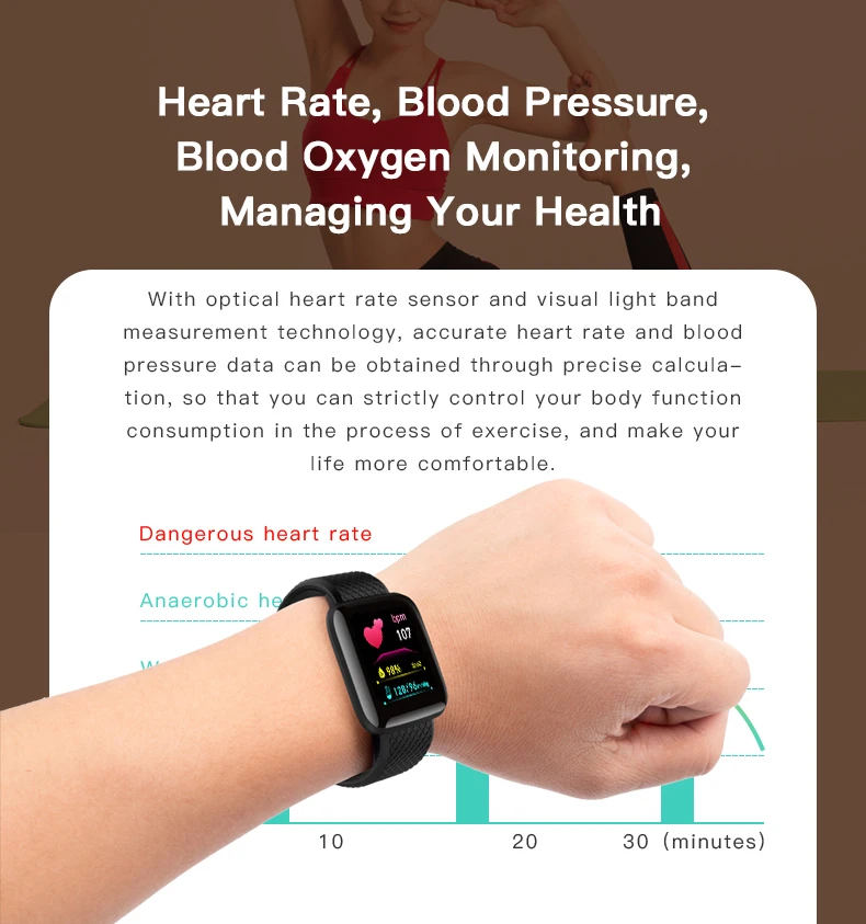 116Plus Smart Bracelet 1.44  Inch Screen Sport Bracelet Pedometer Bluetooth Reminder and Heart Rate Blood Pressure for Fitness