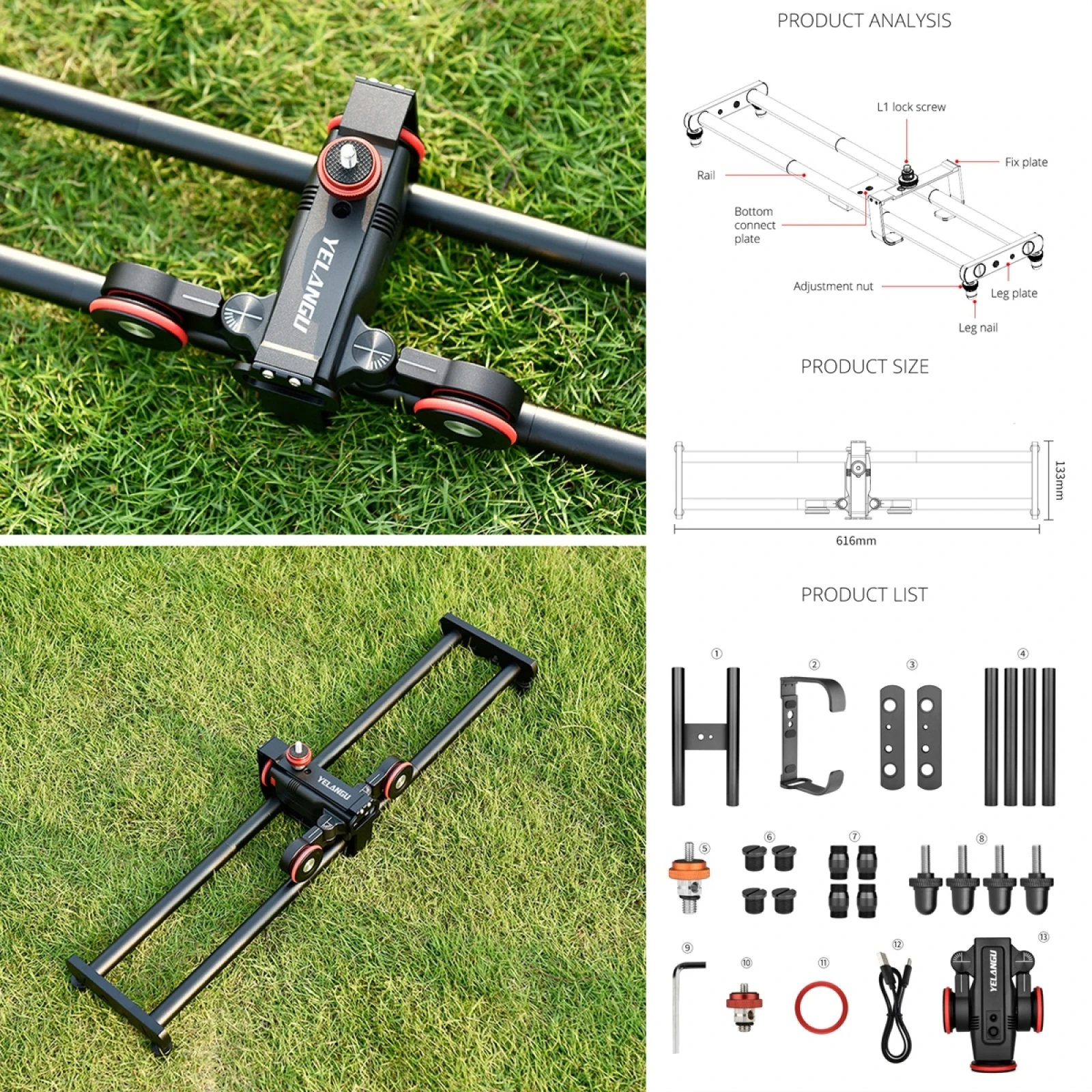 YELANGU L60ES 60cm Splicing Slide Rail Track with L5i Dolly Car Follow Photography Kit App Control Shooting For Camera / Phone camera track slider