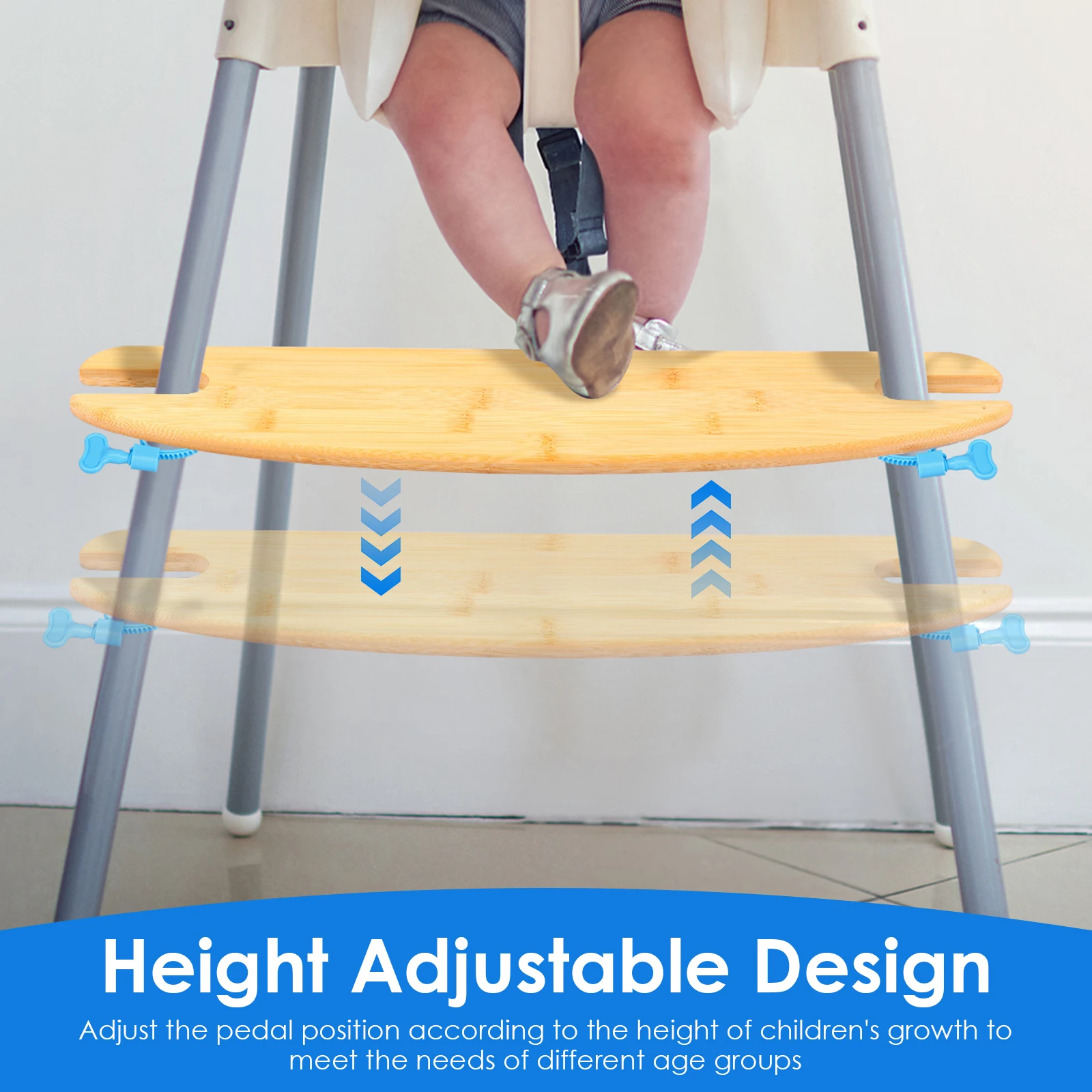 Baby High Chair Footrest Bamboo Wooden Height Adjustable Baby Highchairs Pedal with Rubber Rings Universal Highchair Accessory - 6