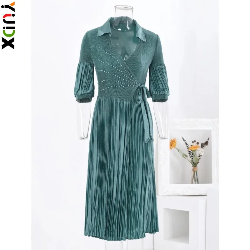 

YUDX Miyake Elegant Party Pleated Beading Dress V Neck Puff Sleeves Lace-up Gathered Waist Dresses Fashion 2024 Spring New