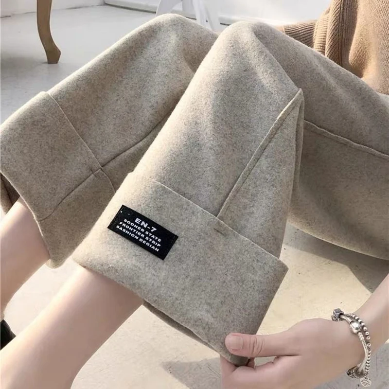 Women'S Casual Woolen Wide Leg Pants Korean Fashion Elastic Waist Baggy Trousers All-Match Large Size Stretch Ankle-Length Pant