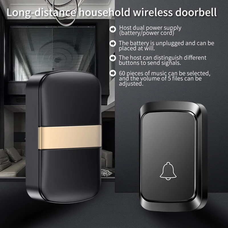 

CACAZI DC Wireless Doorbell Long Range Waterproof Not Included Battery Outdoor Intelligent Door Chimes 1 2 3 4 Button Receiver