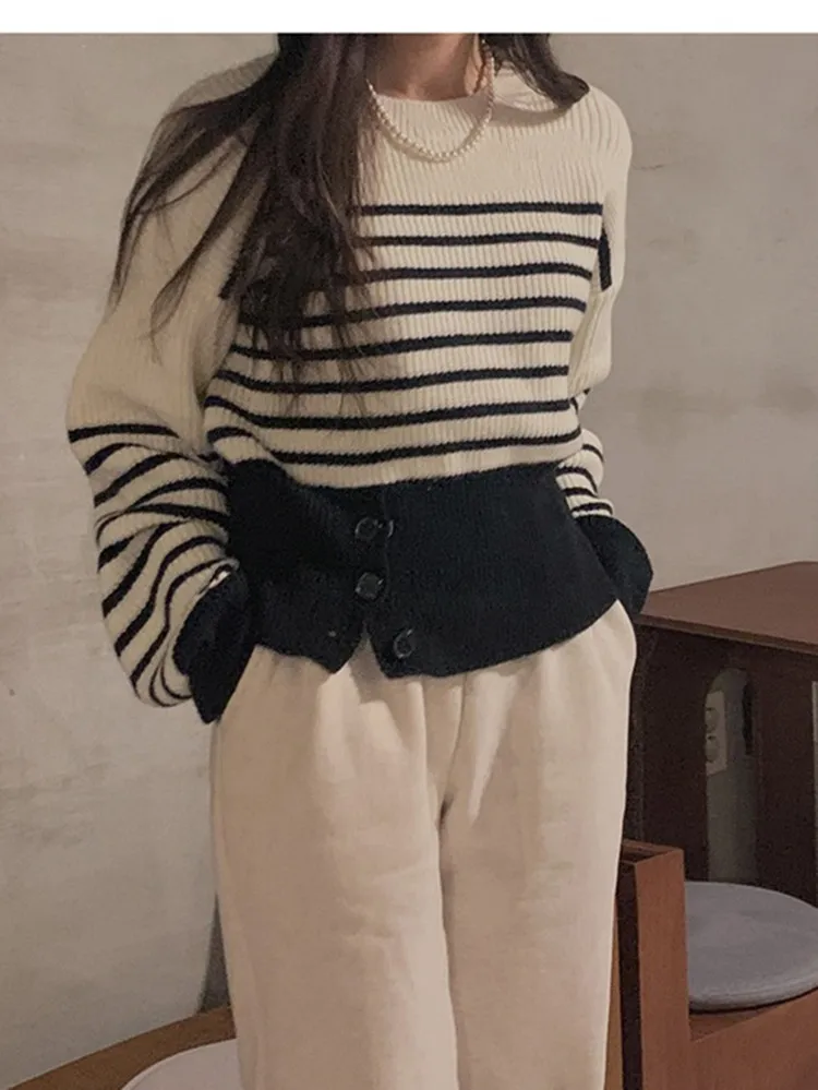 

Autumn Knitted Striped Sweater Women Long Sleeve Lazy Oaf Korean Jumpers Ladies Irregular Pullover Pull Femme Sueter Feminino