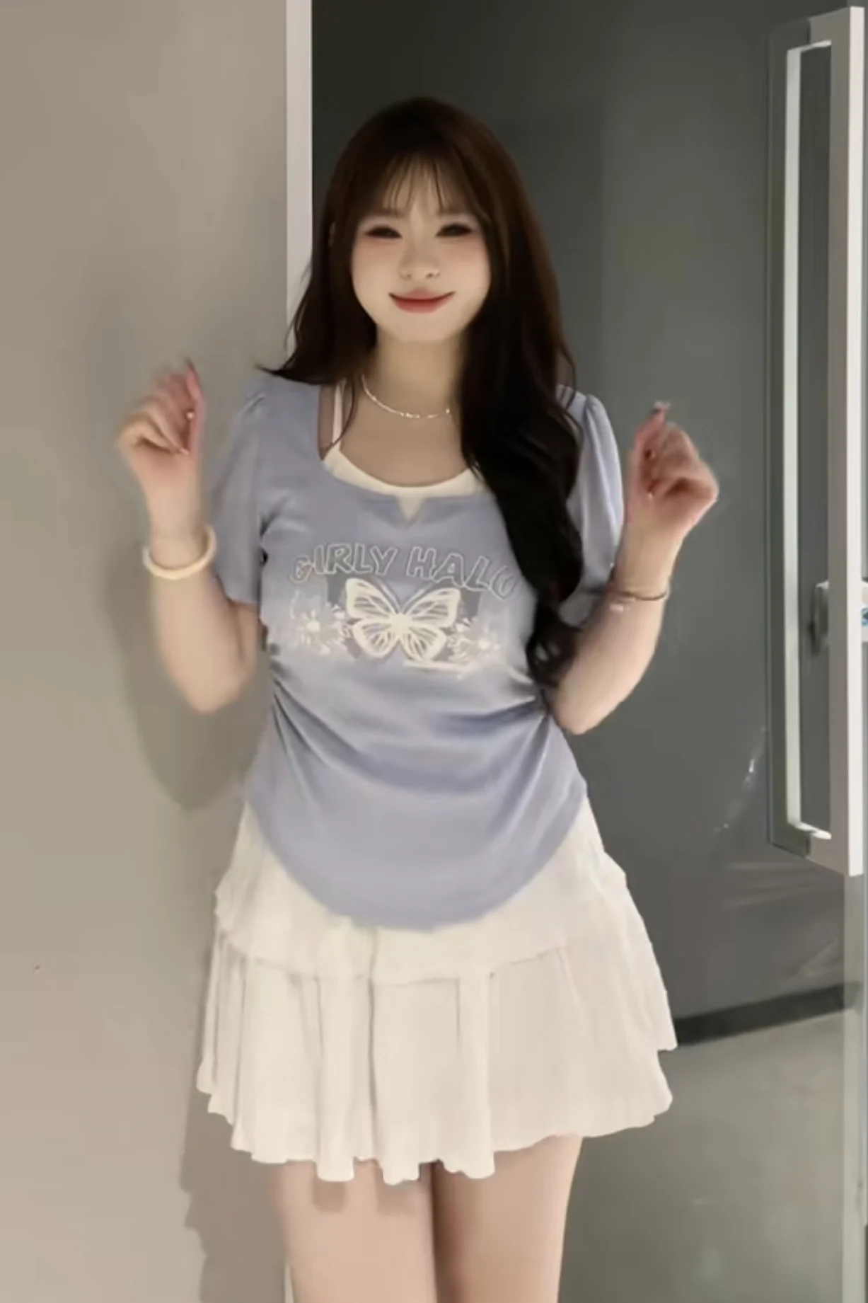 슬리밍 나비 인쇄 투피스 환상 반팔 여성 여름 달콤한 노화 감소 배꼽 커버 티셔츠