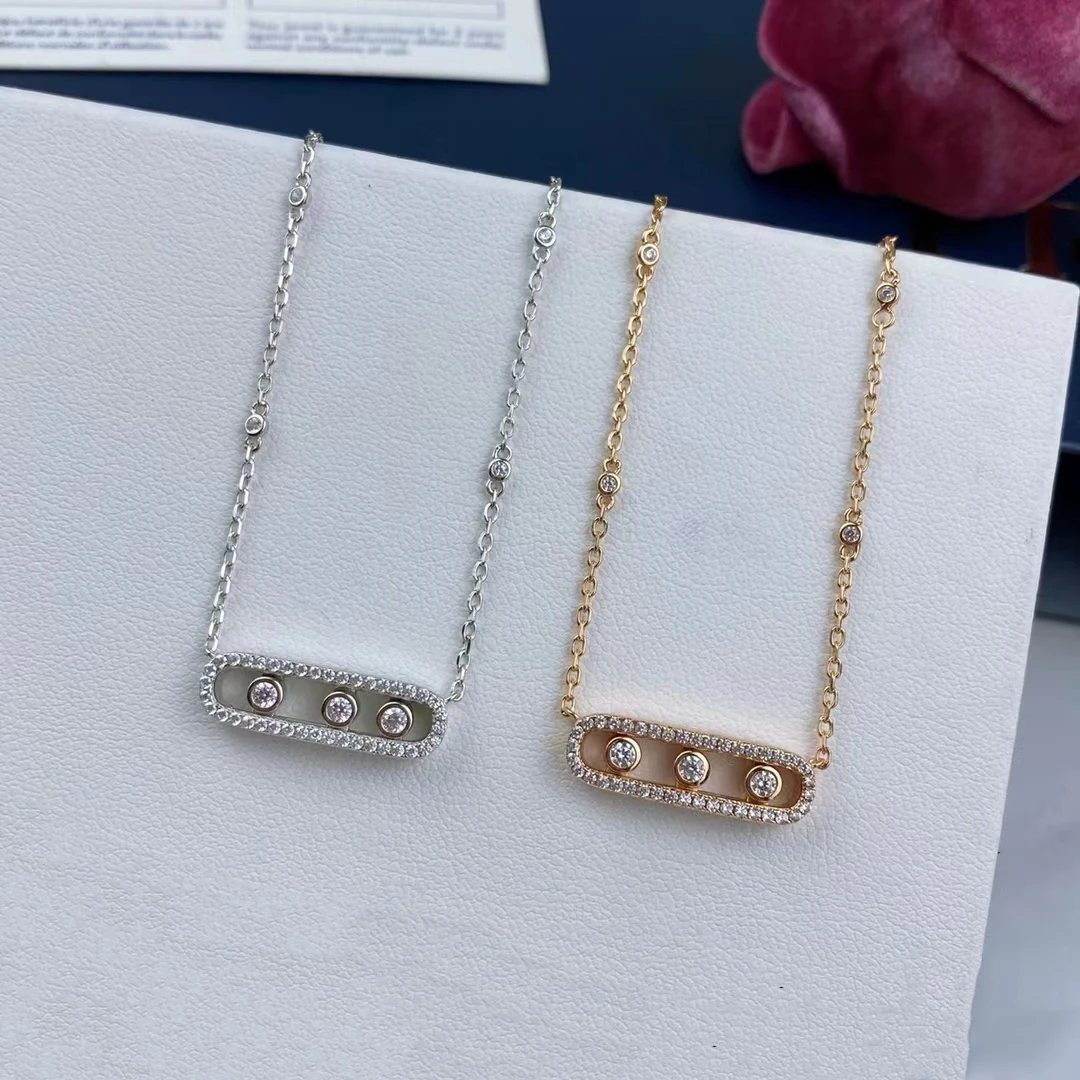 

925 Sterling Silver Sliding Three Diamond Pendant Women Necklace Fashion Versatile Design Brand Luxury Jewelry