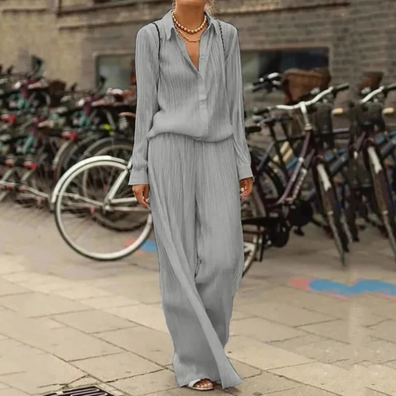 

Женский Повседневный костюм из двух предметов, однотонный топ на пуговицах с длинным рукавом и отложным воротником и брюки с широкими штанинами, свободный костюм, весна-лето