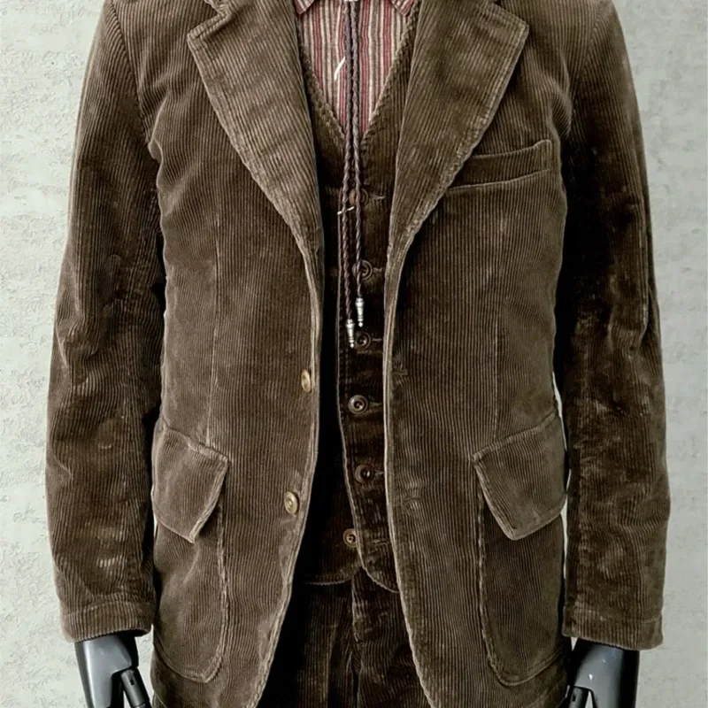 Amekaji Wear Clothes Men American Retro Coffee Color Corduroy Suit Business Casual Single West Corduroy Coat Good Quality 4