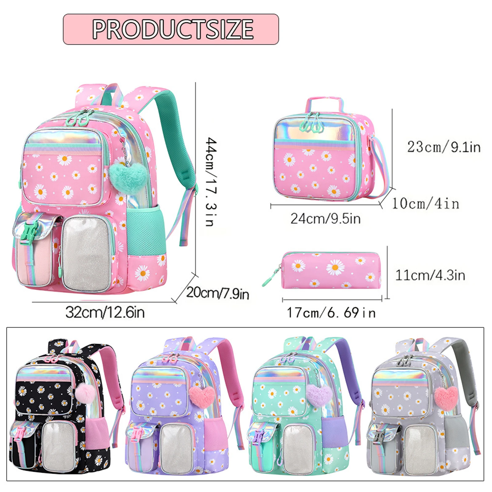 Womens Daisy Fashion Student Backpack with Lunch Bag Pencil Case Casual School Bookbag for Kids Travel Daily Use 6