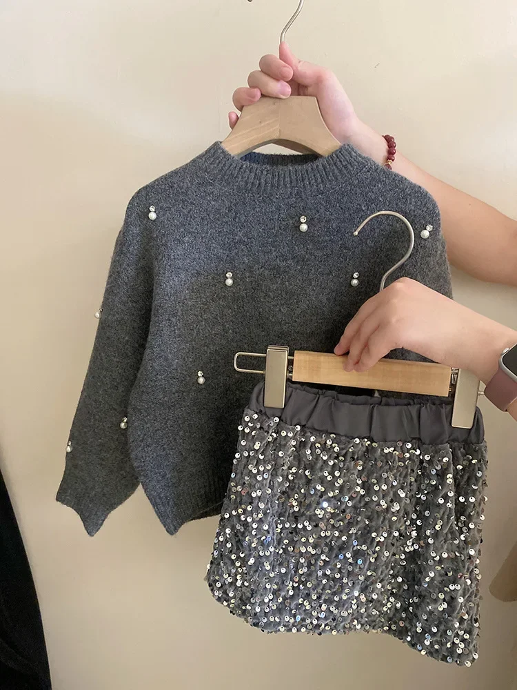 Girls Suit Autumn New Childrens Wear Korean Style Baby Girl Pearl Rhinestone Knit Sweater Sequin Skirt Two-piece Set