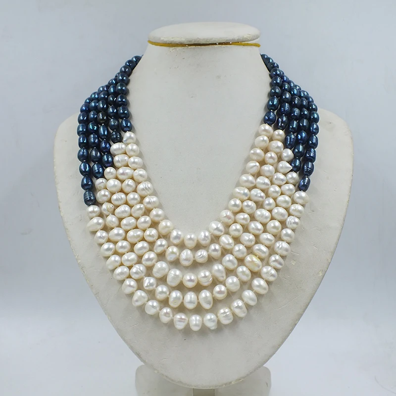 

5-row 8-10MM natural black/white pearl necklace. The most classic jewelry for women's parties 18-25”