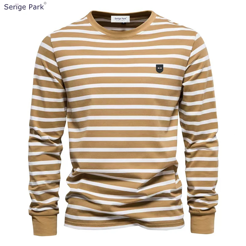 

Serige Park French Bow Spring Pullover T-shirt Men's Long Sleeve Stripe Luxury Design 2023 New Men's Clothing Casual Classic Top